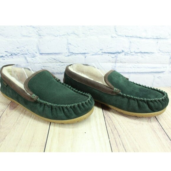 LL Bean Green Suede Wicked Good Shearling Lined Venetian Slippers Size 11 M - Picture 3 of 9